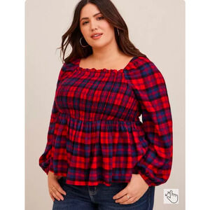 Torrid Smocked Top Womens 1X Red Plaid Balloon Sleeves Cottage Square Neck